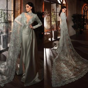 Elegant Mermaid Prom Dresses with Cape Lace Appliques Party Dresses Long Sleeve High Neck Custom Made Evening Dress