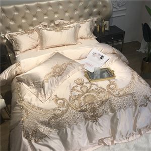 Sängkläder sätter lyx damast Silk Sateen och bomullsdäcke täckning premium champagne set med elegant broderi bäddark 2 kudde skam 220929