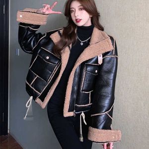 Women's Fur Faux Fur Korean Lamb Fur Loose Short Padded PU Leather Tooling Cotton Jacket Female Warm Parkas Black Women's Winter Sheepskin Coat T220928