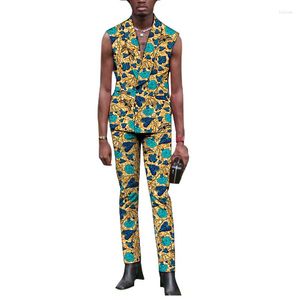 メンズスーツアフリカの伝統的なプリントメンズスーツノースリーブデザインブレザーフルズボンと男性ファッションスタイルの衣装
