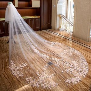 Bridal Veils NZUK Korean Ivory Cathedral Wedding Veil Two Layers Pink Flower Applique Vail Bride With Comb Accesorios Boda