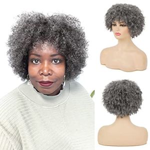 Salter and Pepper Grey Kinky Bang Wig Short Grey Afro 흑인 여성 자연 인간 곱슬 매일 가발 커스텀 두 톤 혼합 글루없는 모자