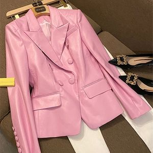 Damen-Lederimitat-Lautaro-Frühlingsstilvoller kurzer rosa weicher PU-Blazer Langarm-Slim-Fit-Luxusjacken für Frauen Elegante Mode 5XL 220928