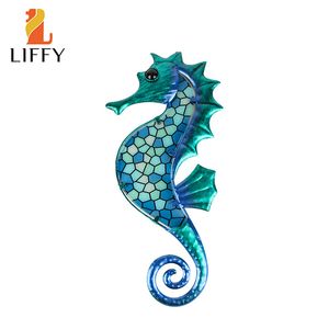 Trädgårdsdekorationer Seahorse Metal Wall Art Blue Mosaic Glass Ganden Sculpture Hanging Ocean Decorations for Outdoor Home Fence Living Room inomhus 220928