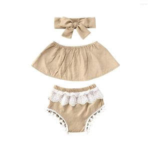 Roupas de roupas nascidas garotas de 3 peças roupas de verão sem alça de bainha bainha de bainha de renda superior pompom ball shorts de pó de cabeça para a cabeça para fora