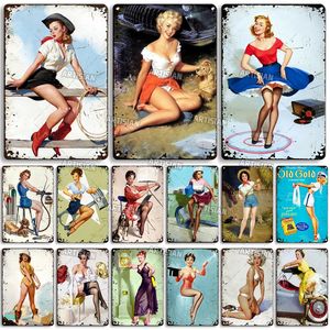 Sexy Pin Up Girl Metal Pintura Metal Poster Decorativo Lady Lady Vintage Metal Plate Home Bar Studio Decor Sinais Retro Play Man Cave