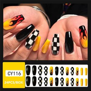 Longo Coffin Nails Designs de fogo de Halloween Pressione em capa completa manicure dicas de unhas vestíveis bailarina francesa unhas falsas