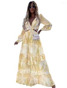 Casual Dresses Sexig Maxi Dress Women Summer V ringning Backless Hollow Out Long Female Tunic Beach Cover Up Printed Lantern Sleeve Vestidos