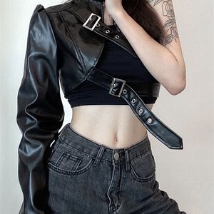 Women's Leather Faux Weekeep Gothic Black PU Jacket Women One Shoulder Halter Buckle Hip Hop Outfits Fashion Streetwear Cropped Jackets Solid 220928