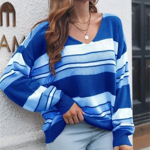 Womens Sweaters Eotvotee Striped Sweater Women Fall Winter Casual Soft Long Sleeve Oversized Sweater Knitted Blue Pullovers Chic Jumpers 220929