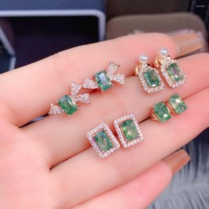 Studörhängen Emerald Cut 4x6mm Natural Moss Agate 925 Sterling Silver Engagement for Women Gift