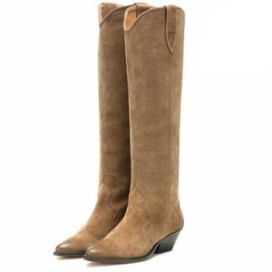 Botas salto grossa de camurça ocidental couro cowboy cowboy alto poço retro fêmea botas mujer qualidade de qualidade ladras de qualidade 220928