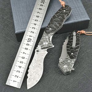 ホットC9280フリッパー折りたたみナイフ101層ダマスカススチールブレードCNC彫刻エボニースチールヘッドハンドルサバイバルポケットフォルダー革シースを含むナイフ