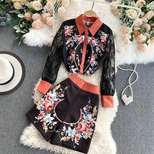 Women's Tracksuits Retro Printing Suit 2022 Women's Shirt Design Lace Long Sleeve Color Matching High Waist Wide Leg Pants