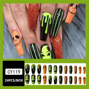 Unghie finte di Halloween Stampa su punte per unghie adesive decorate a pressione di zucca con design fantasma nero 24 pezzi