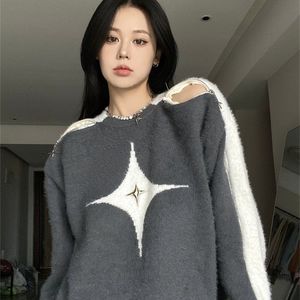 Camisolas femininas Contraste Estrela Offshoulder Sweater American Fashion Lazy One ombro Sweater Girl Logo Pullover Longa Top Longa 220929