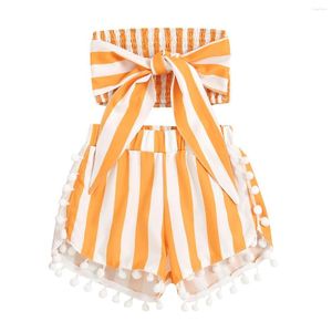 Clothing Sets Infant Kid Girls Casual Two-piece Clothes Set Orange Stripe Printed Pattern Sleeveless Crop Tops And Shorts With Tassels 1-6T