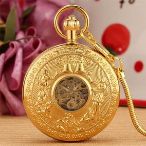 Pocket Watches Luxury Gold Copper Mechanical Watch Självlindande Pendant Antik klocka Dubbla automatiska retrogåvor