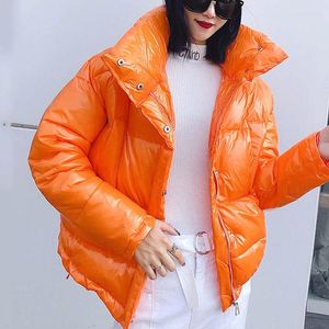 女性用トレンチコート冬用光沢綿暖かい厚いパーカ女性の防水パフジャケットコート女性ピンクブルー赤い黒オレンジ