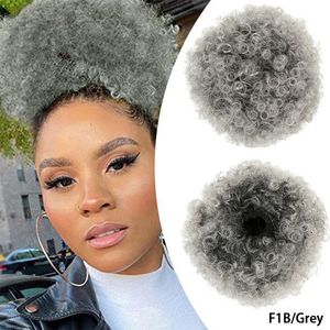 Ombre Grey Afro Puff Drawstring Ponytail Natural Kinky Curly Ponytail Hair Extension for Black Women African American short bun chignon updo hairpiece 100g DIVA3