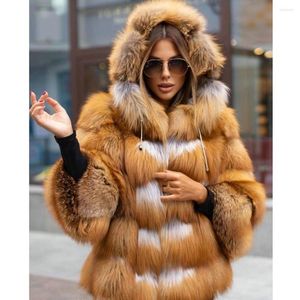 Women's Fur Medium Length Real Red Jacket With Hood Winter Fashion Women Genuine Coat Whole Skin Overcoat Luxury Woman