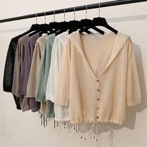 Kadın Düğmeleri Tees Kapüşonlu İnce Sweater Hırka Kadın İpek Keten Bahar Yaz Dantel Yukarı V yaka Kısa Tasarım Gevşek Cape Hırganlar Dış Giyim Kadın 220929