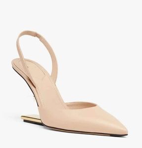 Sandali da donna in pelle di lusso di prima qualità Scarpe Décolleté con tacco alto a forma di F Décolleté in metallo color oro Lady Slingback Lady Party Wedding Dress 35-43