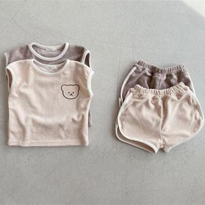 Conjuntos de roupas 2022 verão bebê sem mangas conjunto meninos fofo urso colete shorts 2 pçs infantil algodão casual terno menina roupas
