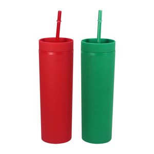 Großhandel 16 Unzen Acrylbecher Weihnachten Rot Grün Wasserflaschen mit Strohhalmen Kunststoff-Trinkbecher Doppelt isoliertes Glas BPA-frei A12