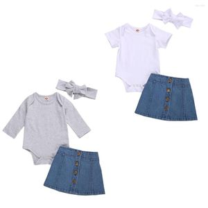 Roupas conjuntos de 6-24 meses de criança infantil meninas de moda de moda de 3 peças Conjunto de roupas de cor de cor sólida Salia de jeans da cabeça outono da primavera