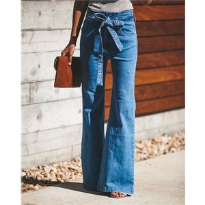 Women s Jeans Blue Tie Waist Flare Women Slim Denim Trousers Vintage Clothes spring High Pants Belted Stretchy Wide Leg 220928