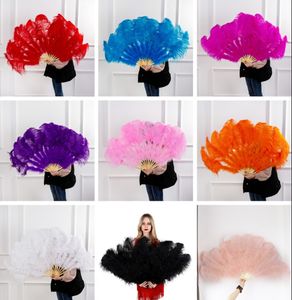 Wholesale 12 Bones Fluffy Party Decoration Red Ostrich Feather Fan Dance Performance Feathers Fan