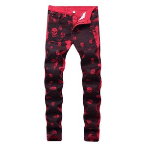 Jeans masculinos Autumn Fashion Skeleleton Skull Impresso Night Club Personality Jeans Male Slim Fit Red Denim calça longa calça 220929