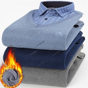 メンズセーター韓国スタイルプラスサイズフェイクツーピースニットウェアウィンターメンズプラスベルベット太い暖かいプルオーバー男性特大のフリースシャツセーター220929