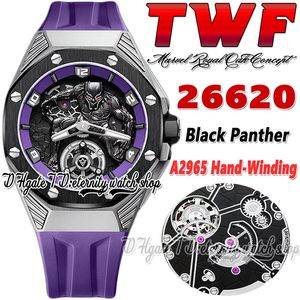 TWF tw26620 A2965 Мужские часы с ручным заводом 42 мм Турбийон Корпус из титановой стали Керамическая рамка 3D Черная пантера Циферблат Фиолетовый каучуковый ремешок 2022 Часы Super Eternity