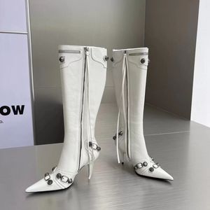 Studs Women Knee High Boots 23s Cleo High Heels Dress Wedding Martin Boot Pointed Toe Black White Winter Female Runway Walking Knight Booties Heeled Outdoor Sneakers