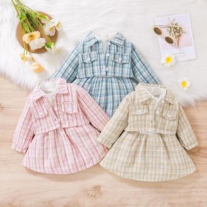 Clothing Sets 2Pcs Baby Girl Party Outfit Plaid Long Sleeve Buttons Outwear Patchwork Mock Neck Dress Set For Toddler Girls 3-24 Months