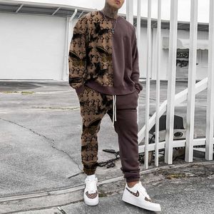 Men's Tracksuits Men's Sports Suit Tshirt Trousers Workout Clothes piece Set D Plant Leaf Solid Color Printing Longsleeved Male Sportswear G220928