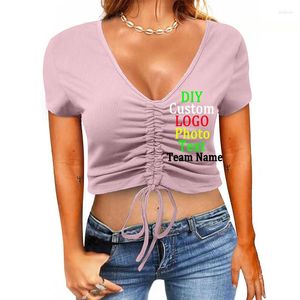Женские футболки T 2022 Summer Tops Женская спортивная шнурки Slim Fit футболка Women V-образные футболки V-образных вырезок текст