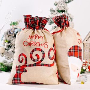 Linen Santa Sack Christmas Gift Bag Red Plaid Drawstring Bags Festival Decoração SN7912