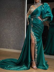 Aso Ebi Beaded Mermaid Prom Dresses Fashion Design Long Sleeves High Neck Thigh Deep Split Long Satin Formal Evening Gowns AppLiques Women Elegant Robe De Soriee