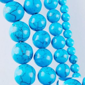 Crimp End Beads Natural Blue Turchese Gemstone Round Ball Loose Spacer Beads 15,5 pollici per gioielli che fanno risultati Bracciale fai da te Ne Dhxpz