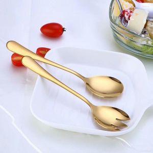 Servis uppsättningar Tablewellware Gold Salad Spoon Fork 2st Rostfritt stål Cutery Set som serverar färgglada unika skedar