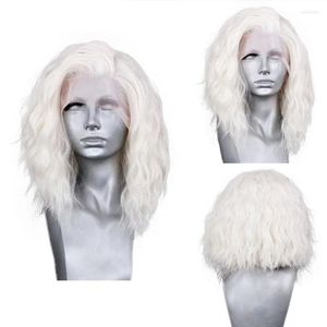 Synthetische pruiken Aimeya White Short Bob Wig Loose Curly Lace Front For Women Free Part Heat resistent Glueless Natural Hairine Cosplay
