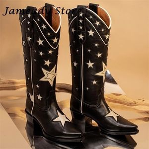 Boots Women Star Print Western Cow Heel Heel Knee High Autumn Winter Proned Knight Slip on Gladiator Botas Mujer 220928