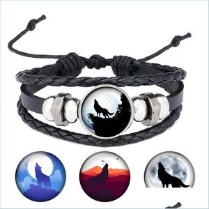 Charm Bracelets Wolf And Fl Moon Black Button Leather Bracelet Jewelry Round Glass Dome Cabochons For Pendant Gift Fashion Accessorie Dhqbg