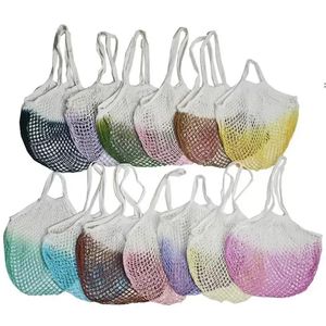 Shoppingväskor handväska tie-dye shopper tote mesh net vävd bomullspåse långt handtag återanvändbar frukt förvaring väska hem grönsaker arrangör bbb1