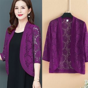 Women's Knits Tees Women Lace Cardigan Summer Thin Coat Half Sleeve Elegant Mesh Shrug Crochet Blusas Top Outwear 220929