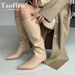 Boots Taoffen Size 3343 Women Genuine Leather Knee High Pointed Toe Thin Heel Slip On Party Club Winter Ladies Footwear 220928