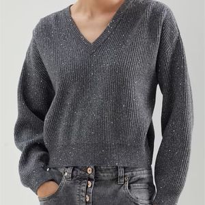 Kvinnors tröjor kvinnor paljetter vneck tröja 100% cashemere lös långärmad casual jumper kvinnlig pullover Autumn 220929